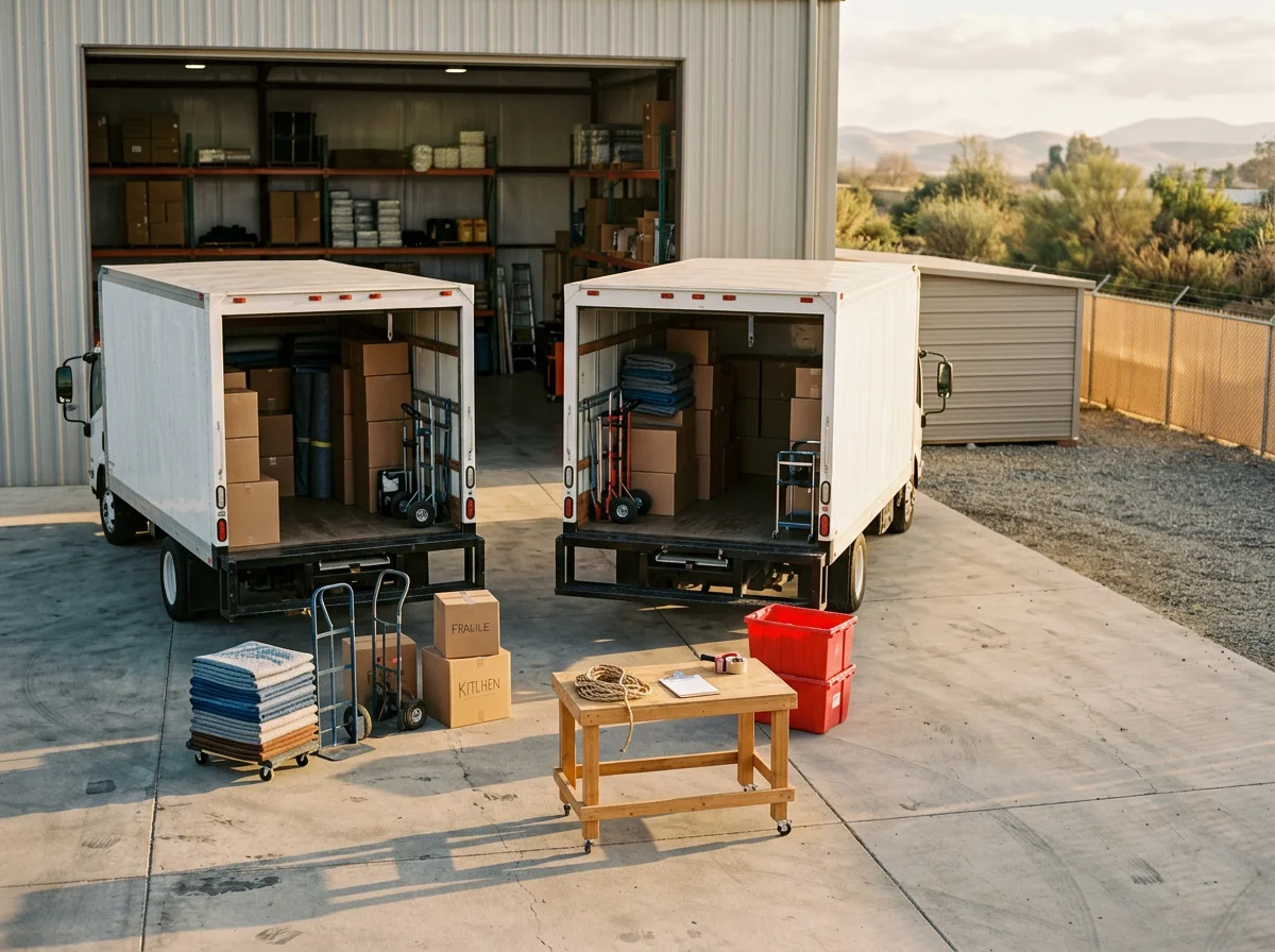 Professional moving crew with equipment and trucks ready for residential and commercial relocations.