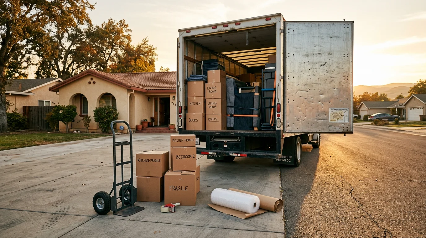 Professional movers loading a truck with household items in Porterville