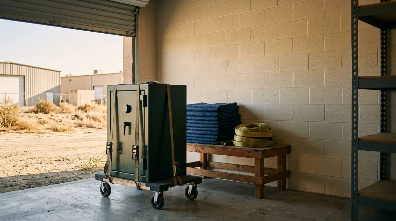 Professional movers securing a safe during transport in Visalia