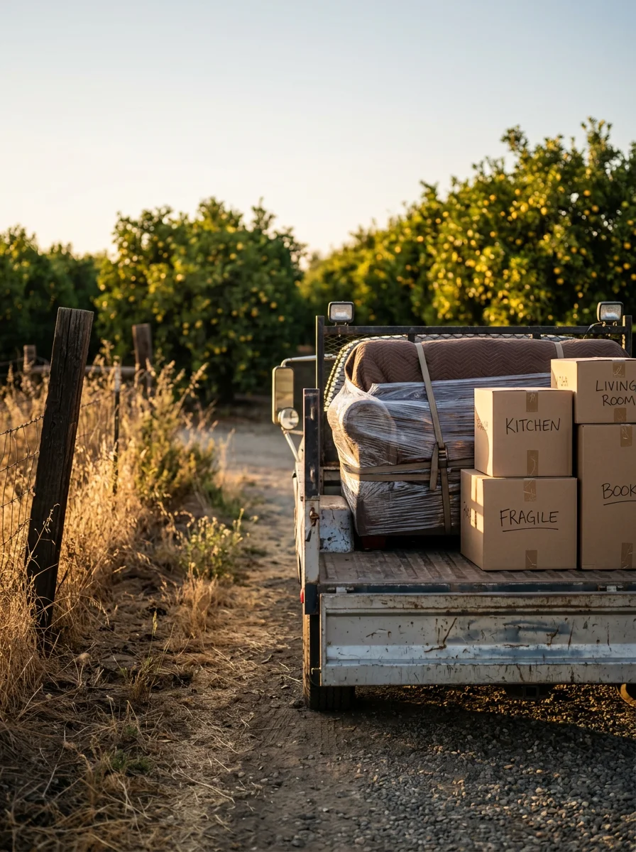 Movers loading wrapped furniture onto a truck at a rural property with a long driveway near the citrus groves outside Exeter, CA.