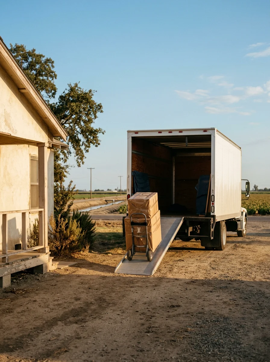 Movers loading wrapped boxes from a small Farmersville, CA home onto a moving truck, with farm fields visible just past the city's edge.