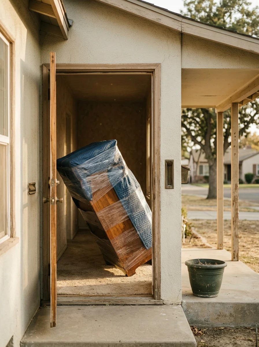 Movers carefully carrying a wrapped dresser through the front door of a 1980s single-story home in Lindsay, CA.