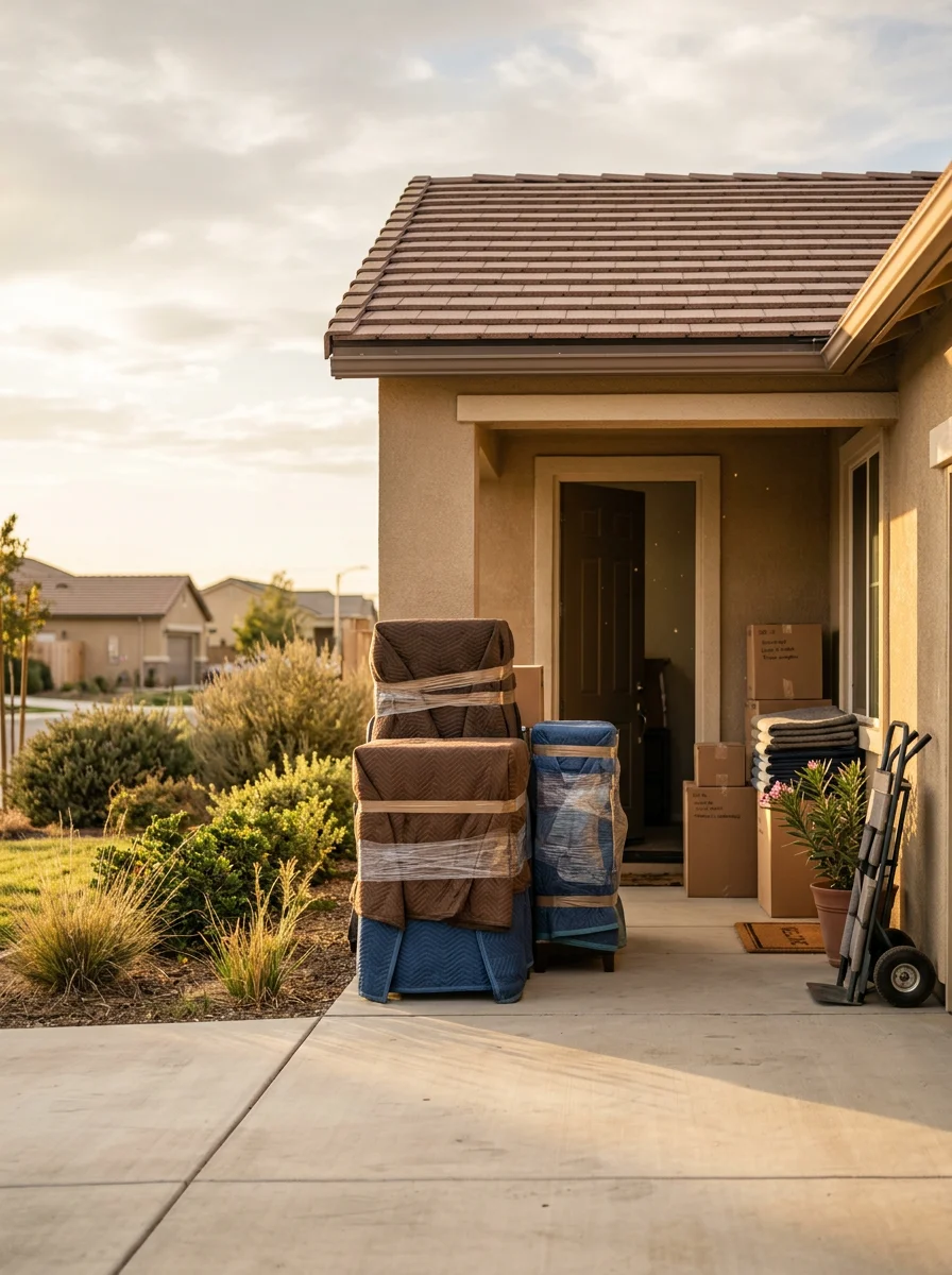 Movers carrying wrapped furniture through the front door of a newer subdivision home in Northwest Porterville, CA.