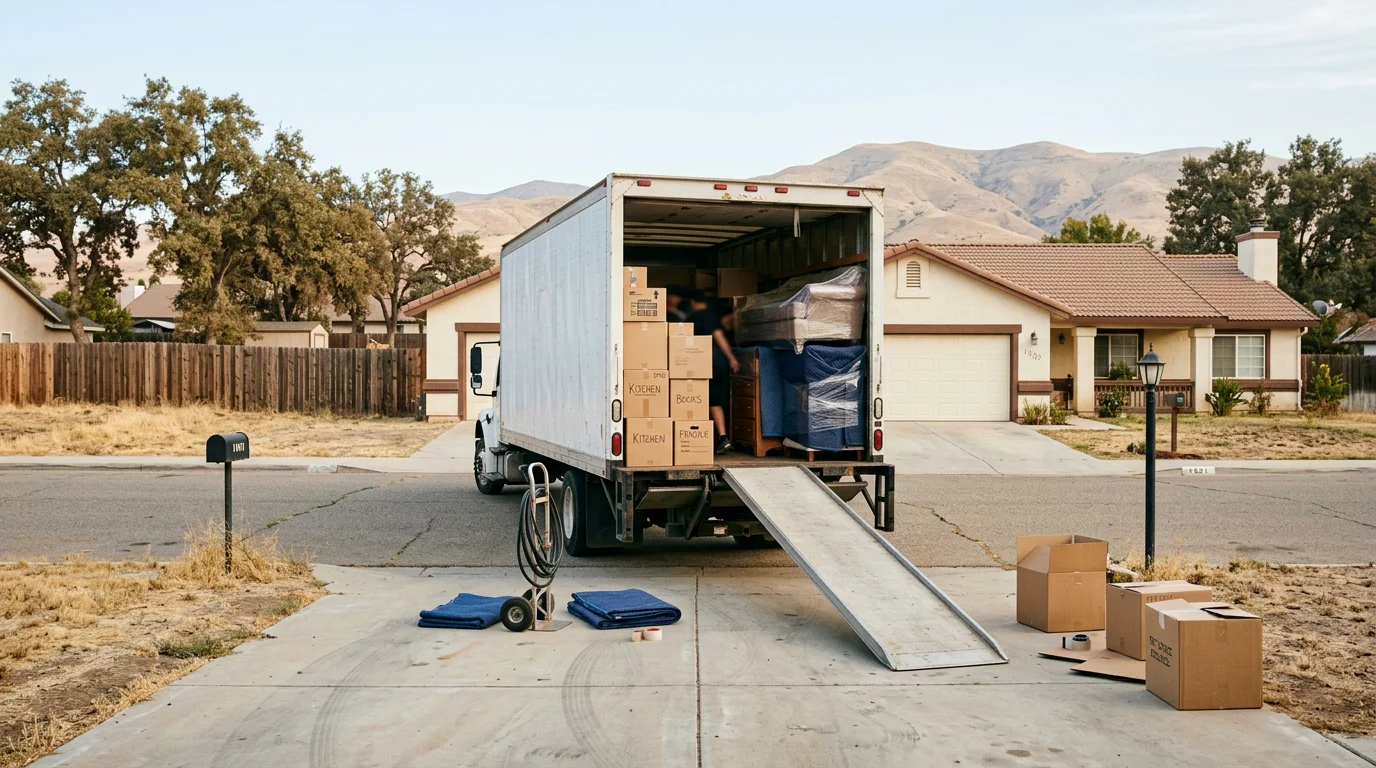 Moving crew loading a furniture truck in front of a ranch-style home in a Porterville, CA residential neighborhood with the Sierra Nevada foothills visible in the background.