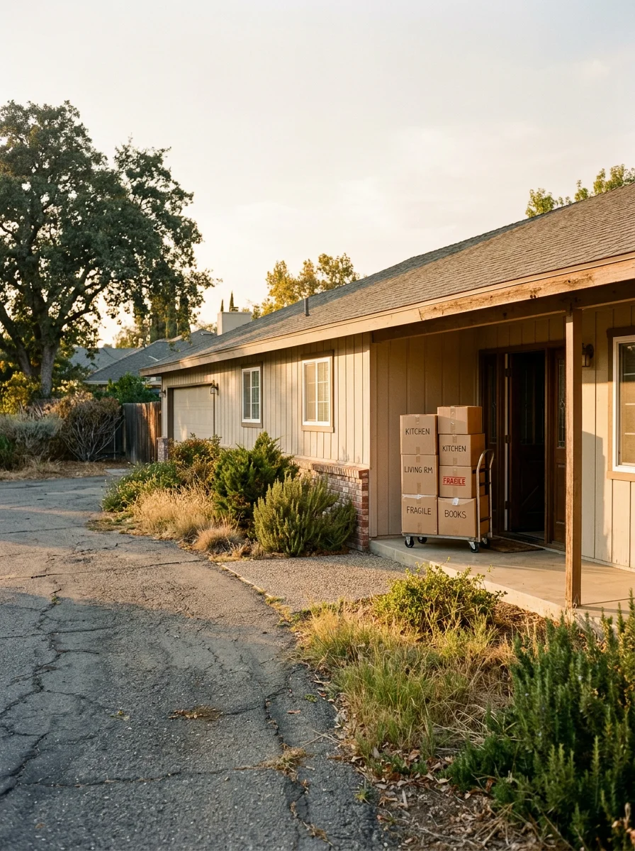 Movers carrying wrapped boxes through the front door of a 1970s ranch-style home on a wide lot in Southwest Tulare, CA.