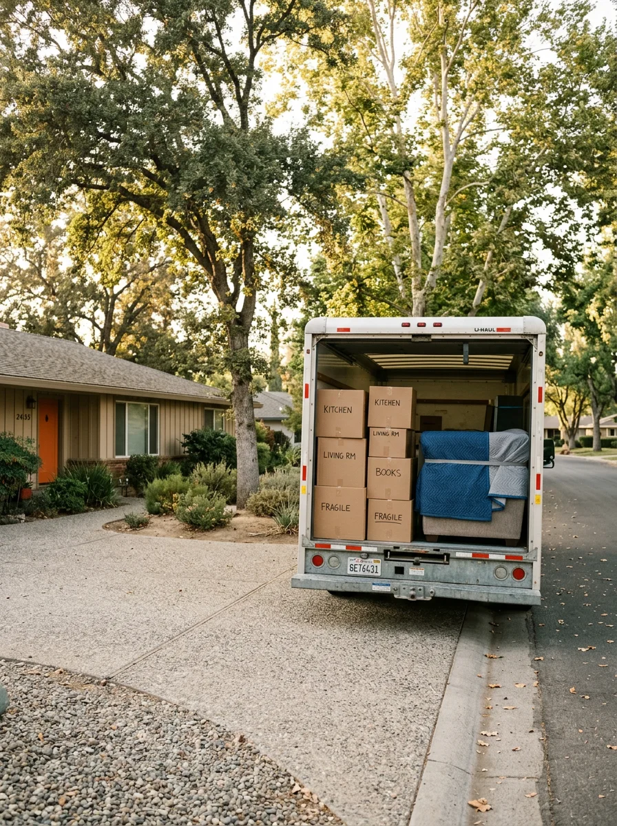 Movers loading boxes and furniture from a mid-century ranch home on a tree-lined street in South Visalia, CA.