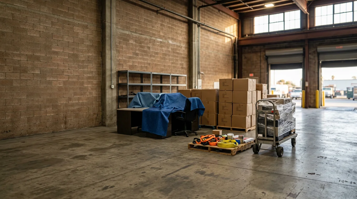 A commercial moving crew loading business furniture and equipment onto a moving truck outside a commercial property in Porterville, California. The scene shows a retail or office space being relocated along a Tulare County commercial corridor.