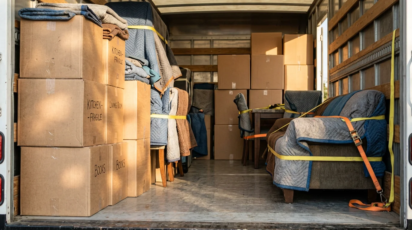 A moving crew loading household furniture and boxes onto a truck in a residential neighborhood in Porterville, California. Ranch-style homes and clear Central Valley skies are visible in the background.