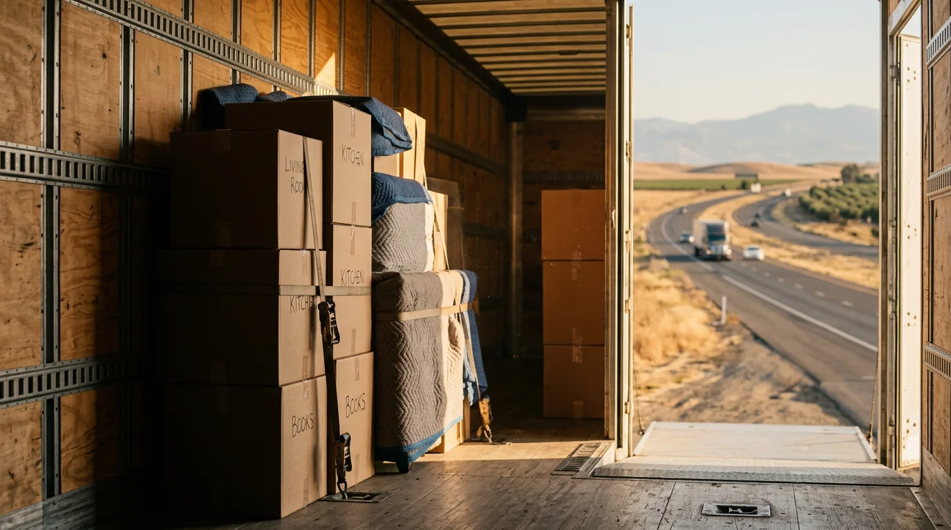 A moving truck loaded with household furniture and boxes outside a residential home in Porterville, California, prepared for a long distance move. Crew members secure items in the truck bed along a Central Valley street.