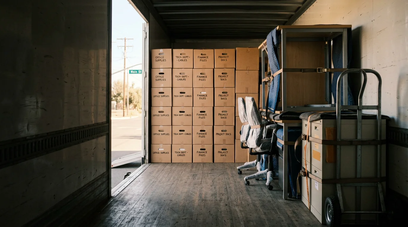 A Cargo Pros Movers crew loading office desks and chairs onto a moving truck outside a commercial building in Porterville, California. Office furniture and equipment are stacked and secured for transport to a new Tulare County location.