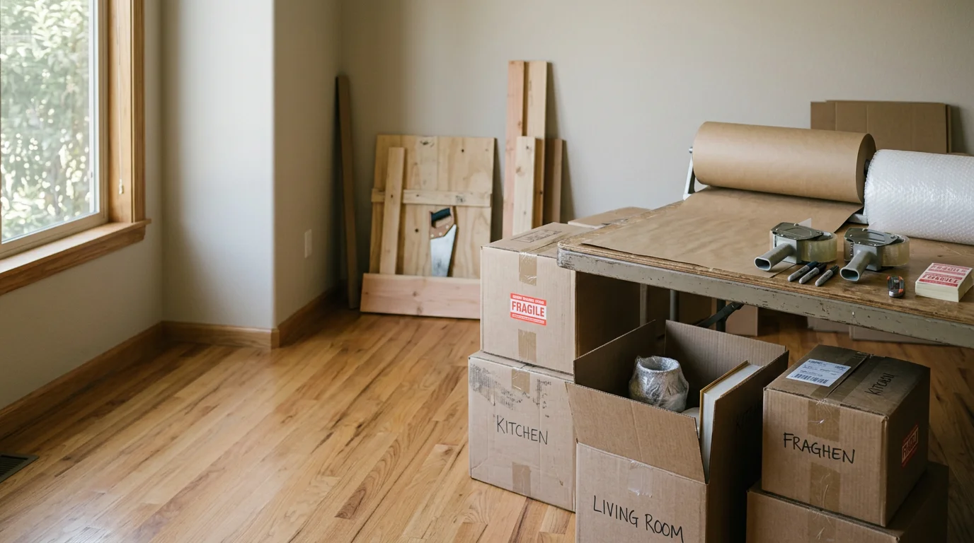 A Cargo Pros Movers crew member carefully wrapping and boxing household items for a packing and crating job in Porterville, California. Packed and labeled boxes are stacked and ready for loading in a Central Valley home.