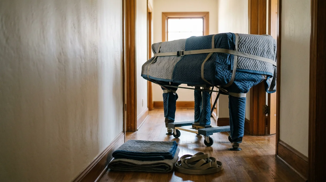 A Cargo Pros Movers crew carefully moving a padded upright piano through the front entryway of a single-family home in Porterville, California. The team uses moving straps and floor protection during the piano relocation.