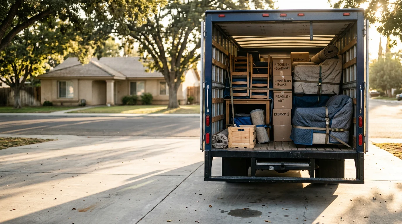 A Cargo Pros Movers crew carefully loading furniture onto a moving truck outside a single-family home in Porterville, California. The team secures boxes and wrapped items in the truck bed on a clear Central Valley day.