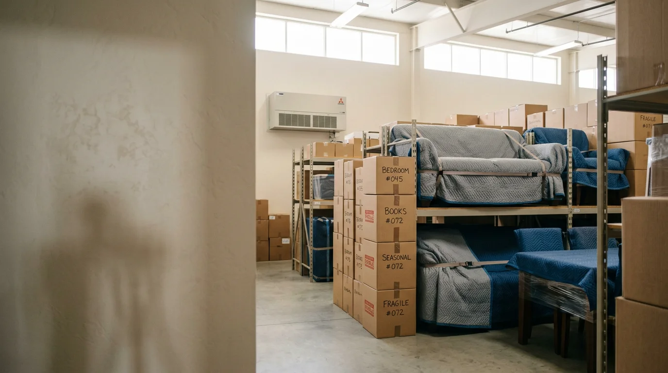 A Cargo Pros Movers crew carefully loading boxed household items into a storage unit in Porterville, California. Stacked furniture and labeled boxes fill the unit interior against a clear Central Valley sky.